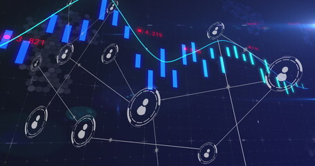 Image of network of conncetions with icons over data processing