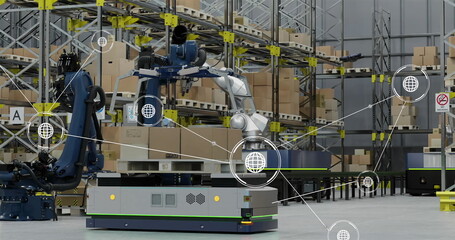 Image of network of conncetions with icons over robotic arms with boxes in warehouse