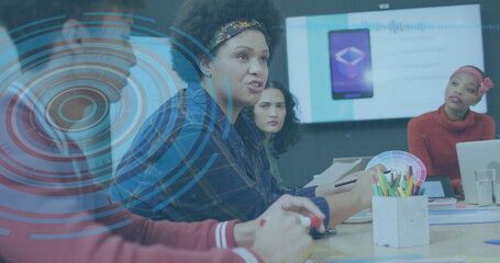 Image of data processing over diverse business people in office