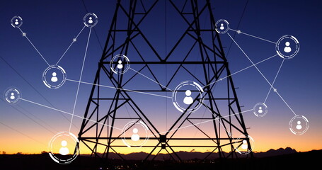 Image of network of conncetions with icons over pylon