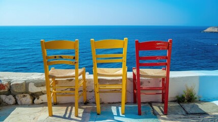 Colorful sea-view chairs. Generative AI