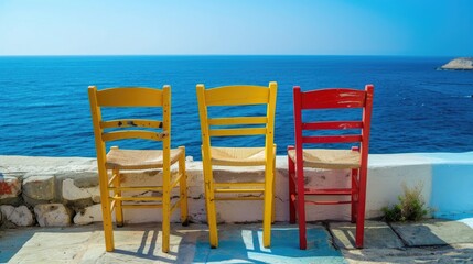 Fototapeta premium Colorful sea-view chairs. Generative AI