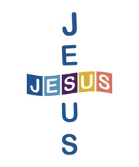 Jesus word Christian saying phrase retro groovy typographic cross art on white background