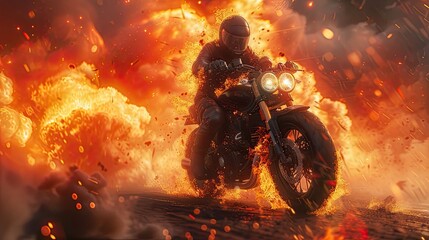 motorcyclist among a burning motorcycle, the moment is dynamic, emphasizing the pose and facial expression of the motorcyclist to convey the intensity and emotion of the scene