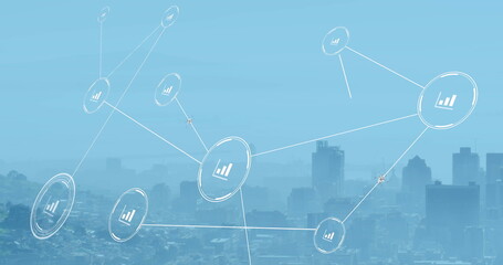 Image of network of conncetions with icons over cityscape
