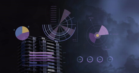 Image of data processing with scope scanning over building and storm