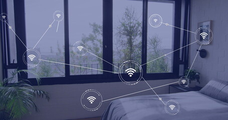 Image of network of conncetions with icons over bedroom