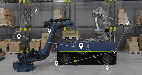 Image of network of conncetions with icons over robotic arms and boxes in warehouse
