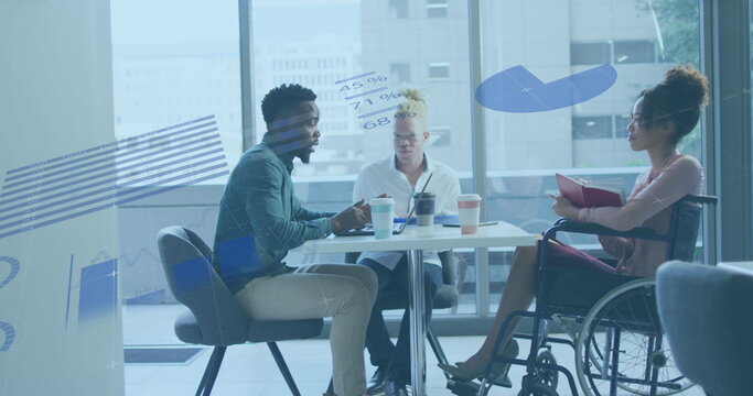 Image of data processing over disabled and diverse business people in office - Powered by Adobe