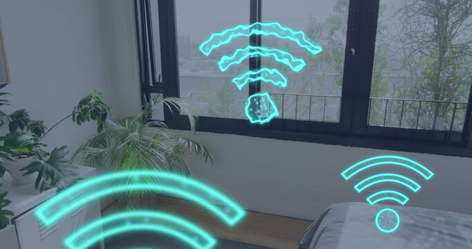 Image of wifi icons over bedroom interior
