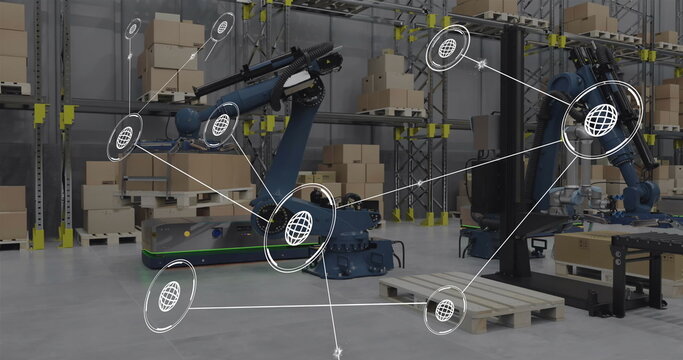 Image of network of conncetions with icons over robotic arms and boxes in warehouse
