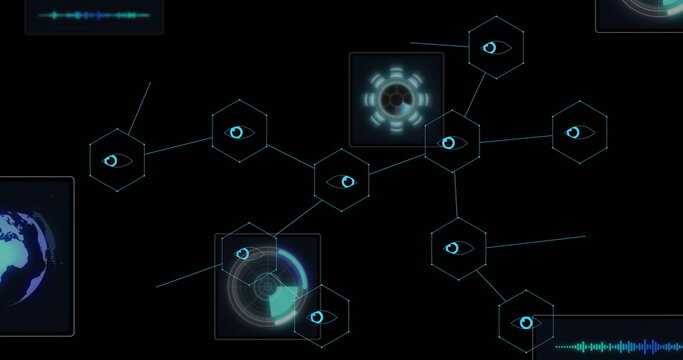 Naklejki Image of data processing with globes on black background