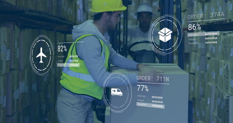 Image of icons with data processing over diverse male workers in warehouse