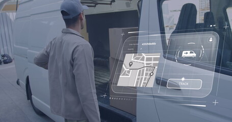 Image of digital interface with map and data processing over caucasian delivery man