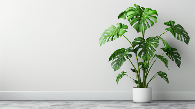 Monstera plants placed in the corner of a room with clean white walls, Ai generated Images © mohammad