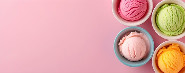 Vibrant ice cream scoops in bowls on a pink background from above. Concept Delicious Summer Treats, Sweet Ice Cream Delights, Mouthwatering Desserts, Tempting Frozen Treats