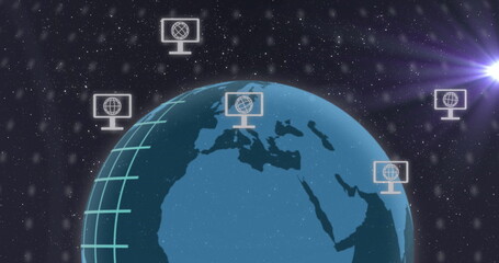 Image of icons, connections and globe with data processing