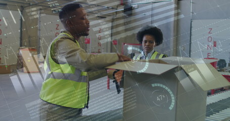 Image of financial data processing over diverse people working in warehouse
