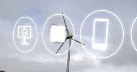 Image of icons and data processing over clouds and wind turbine