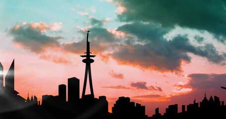 Image of icons, connections and data processing over landscape