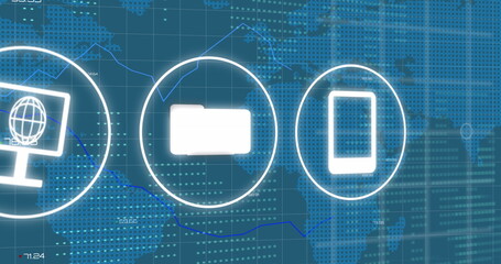 Image of icons, connections and data processing over world map