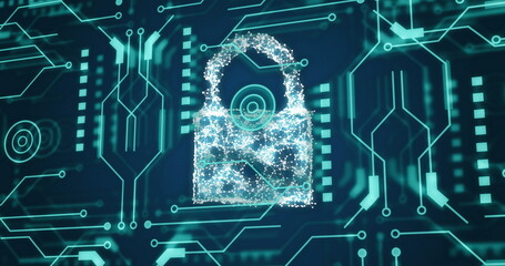 Image of padlock, connections and data processing over circuit board