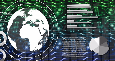Image of connections and data processing over circuit board and globe
