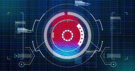 Image of scope scanning, blue biometric fingerprint security check and data processing