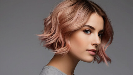 Beautiful young woman with wavy pastel pink colored hair