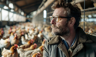Hen ranch farmer feeding hens, Generative AI  - obrazy, fototapety, plakaty