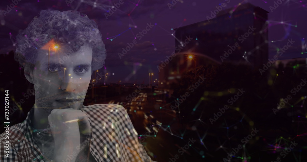 Poster image of digital interface with a man and icons and data processing