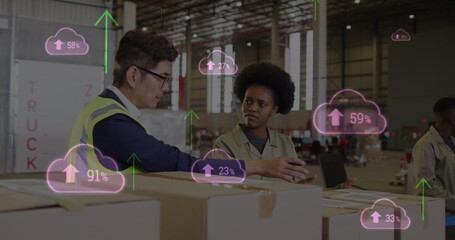 Image of digital clouds and data processing over diverse people working in warehouse