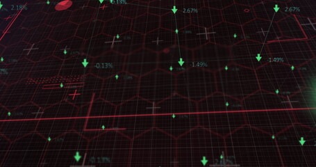 Image of red lines and numbers changing with green arrows on network of hexagons on grid background
