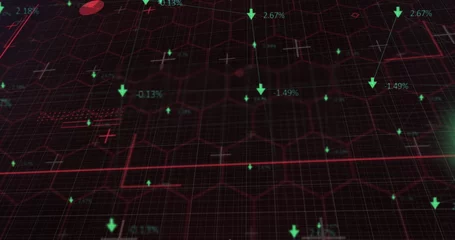  Image of red lines and numbers changing with green arrows on network of hexagons on grid background © vectorfusionart