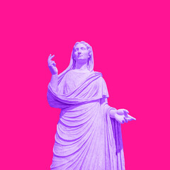 Female statue in bold pink colors on bright background. Minimal art fantasy concept.