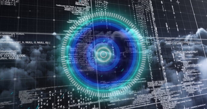 Image of scope scanning and data processing over clouds and grid in background