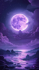 Naklejka na ściany i meble Purple gradient mystical moonlight sky with clouds and stars, decorative banner with copy space, phone background wallpaper, ai generated