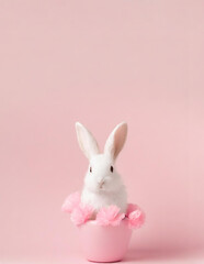 Bunny in a Basket Portrait Against Pink Wall, Neutral, Minimalist, Simple, Easter