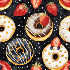 Kawaii doughnuts with chocolate repeat pattern, strawberry, and gold, donuts on polka dot tablecloth, repetitive