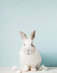 Bunny in a Basket Portrait Against Blue Wall, Neutral, Minimalist, Simple, Easter
