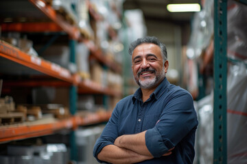 Smiling middle-aged Middle Eastern man in a hardware warehouse with arms folded, standing next to a shelf containing hardware supplies