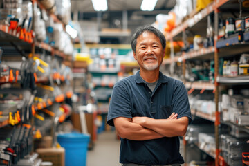 Smiling middle-aged Asian man standing in hardware warehouse with folded arms surrounded by equipment racks