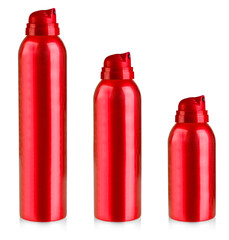 Set of red cosmetic spray bottles isolated on white background