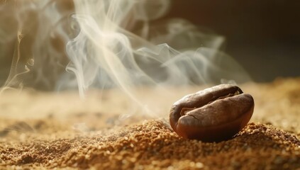 Close-up of a single coffee bean with steam rising against warm soft-focus background evoking sense...