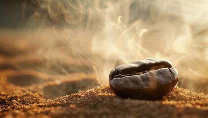 Close-up of a single coffee bean with steam rising against warm soft-focus background evoking sense of fresh aroma