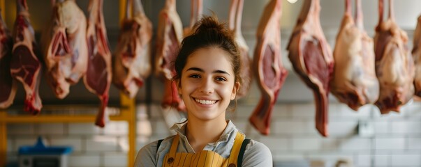 Fototapeta na wymiar Smiling butcher woman stands next to hanging carcasses in cold room. Concept Culinary Artistry, Butcher's Pride, Gourmet Experience, Savory Creations