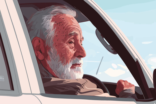 happy old man looking from car side window isolated vector style