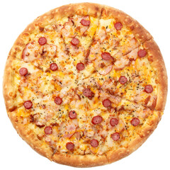 Delicious classic italian Pizza with sausages, bacon, pepper and cheese mozzarella. Fresh italian classic original pizza isolated on white background. Top view.