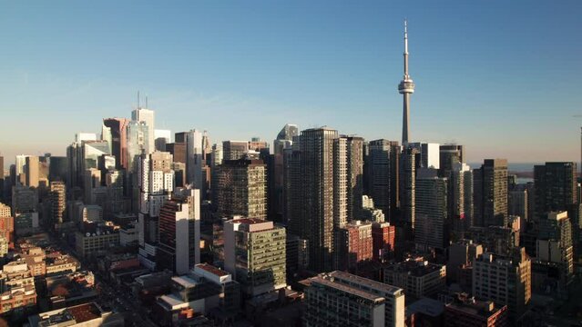 Drone shot of downtown Toronto with CN Tower, 4K