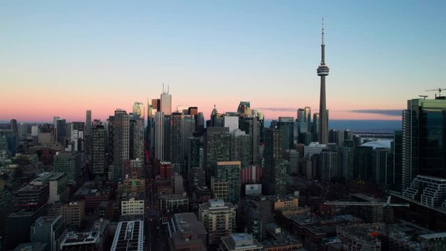 Toronto at dusk, 4K drone shot of downtown skyline.